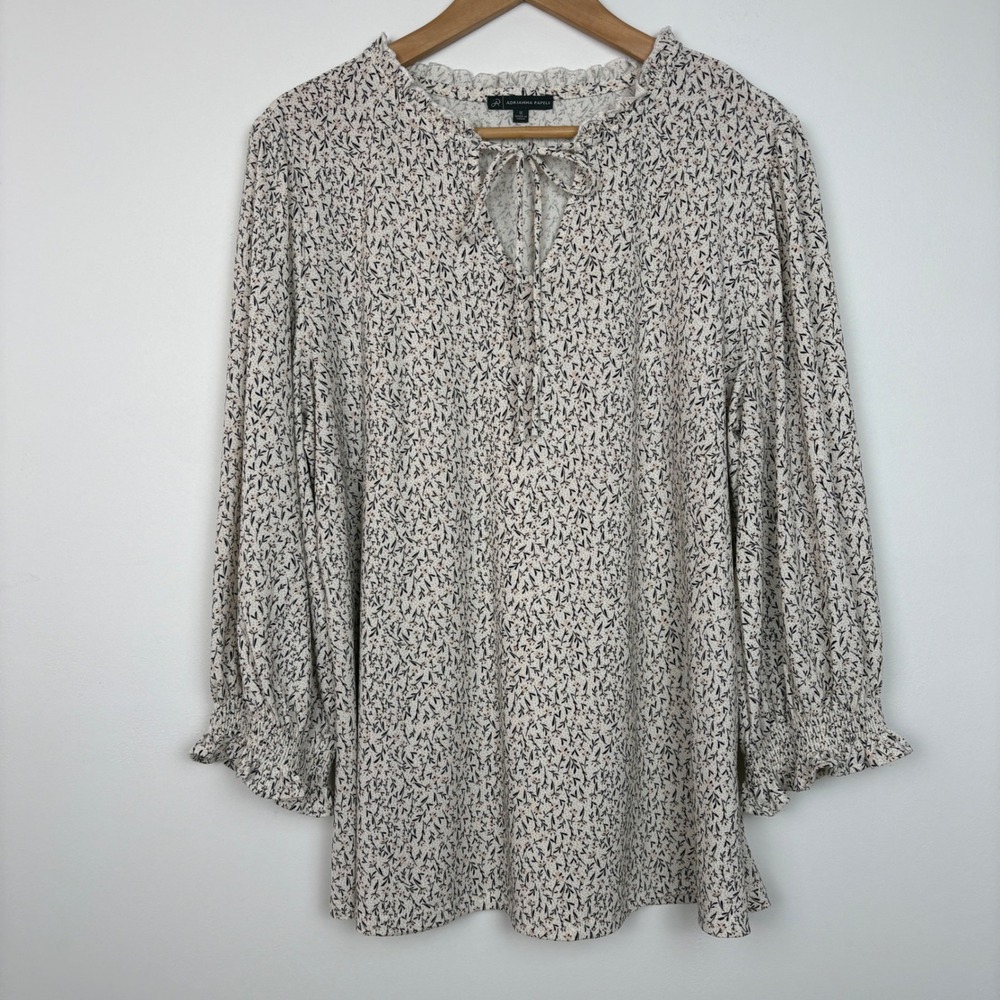 Adrianna Papell Women Balloon Sleeve Floral Ruffle Tie Neck Top Sz 1X Cream Boho